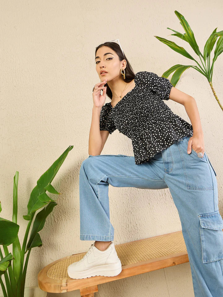 Women’s Black Floral Peplum Top – Square Neck Puff Sleeve Casual Blouse