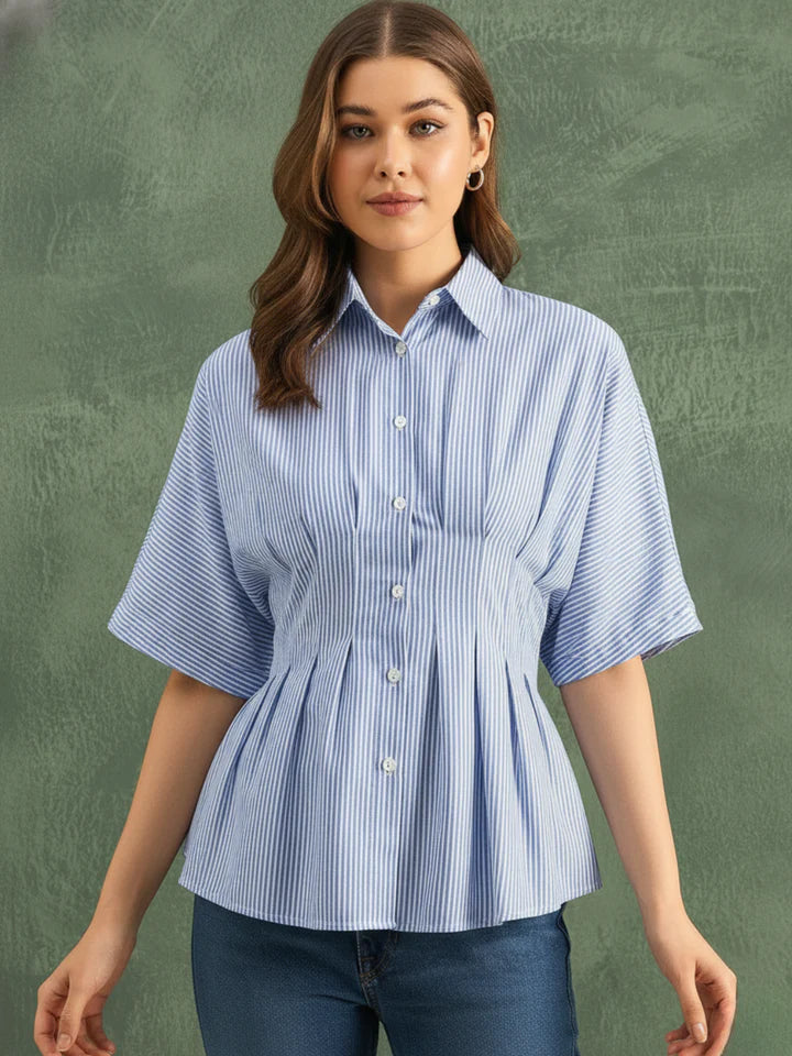 Women’s Blue Striped Peplum Blouse – Elegant Short Sleeve Button-Front Office Shirt