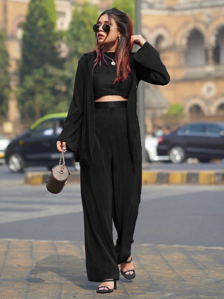 Women’s Black Ribbed Co-Ord Set – Crop Top, Wide Leg Pants & Overshirt Outfit