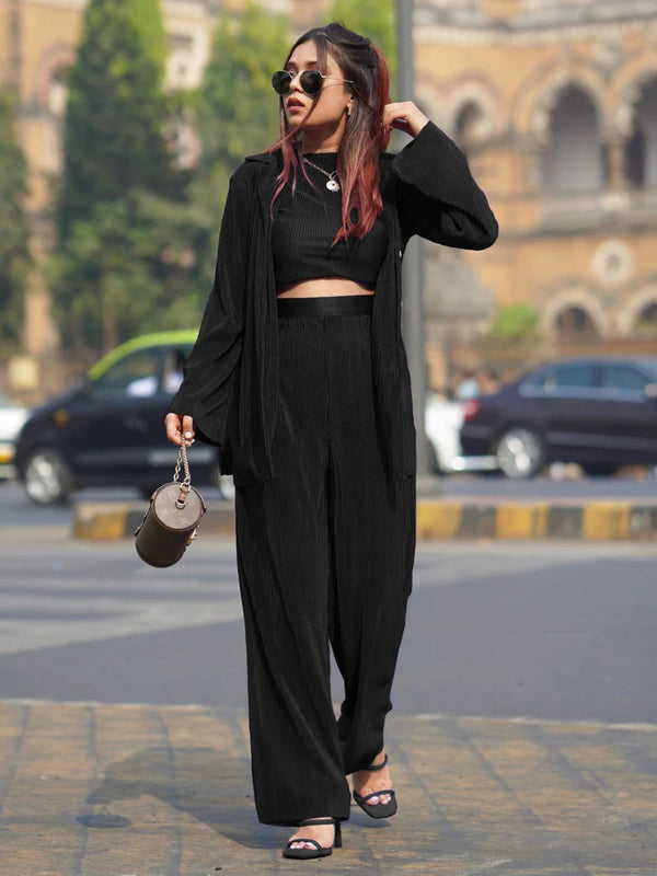 Women’s Black Ribbed Co-Ord Set – Crop Top, Wide Leg Pants & Overshirt Outfit