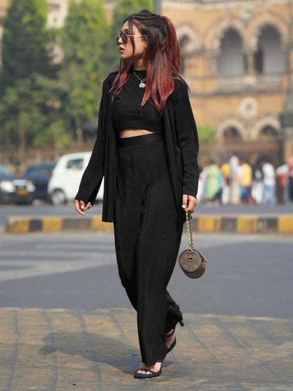 Women’s Black Ribbed Co-Ord Set – Crop Top, Wide Leg Pants & Overshirt Outfit