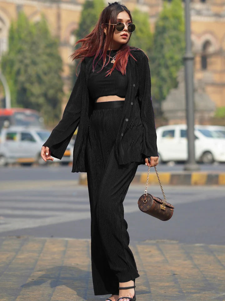 Women’s Black Ribbed Co-Ord Set – Crop Top, Wide Leg Pants & Overshirt Outfit