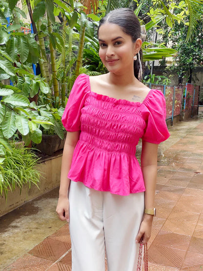 Women’s Black Floral Peplum Top – Square Neck Puff Sleeve Casual Blouse