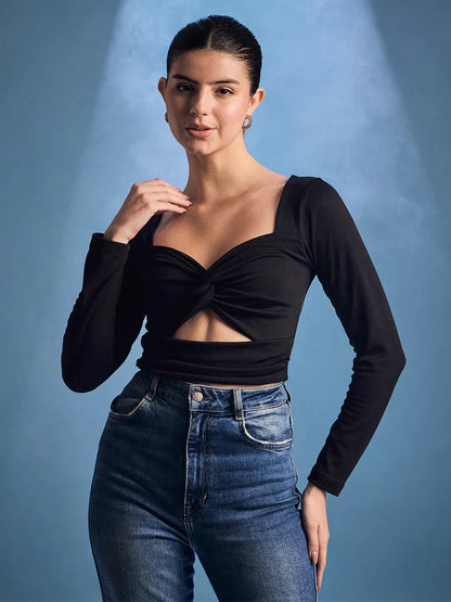 Women’s Black Twist Front Cut-Out Top – Long Sleeve Festival Crop Blouse