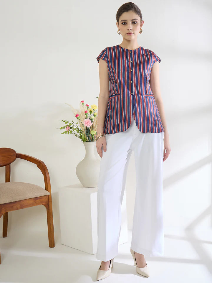 Women’s Vertical Stripe Button Blouse – Elegant Cap Sleeve Office Top