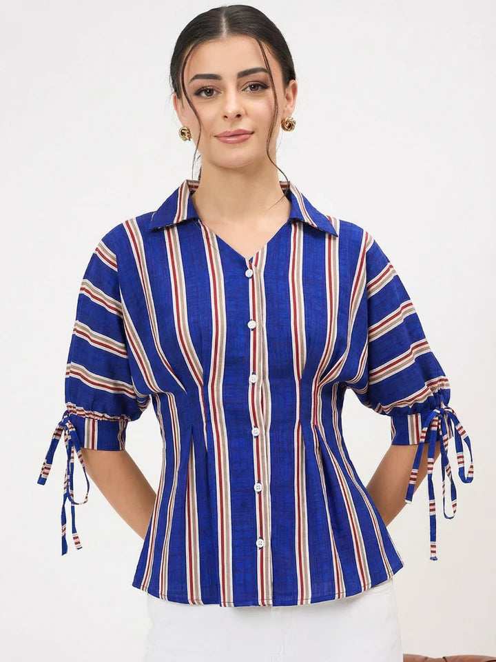 Women’s Blue Vertical Stripe Tie Sleeve Blouse – Elegant Button Front Office Top