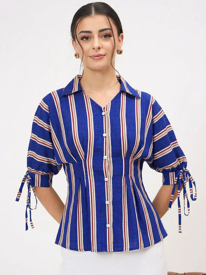 Women’s Blue Vertical Stripe Tie Sleeve Blouse – Elegant Button Front Office Top