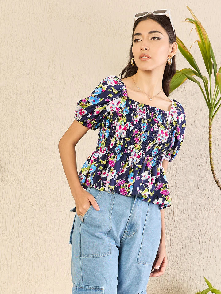 Women’s Floral Smocked Peplum Top – Square Neck Puff Sleeve Summer Blouse