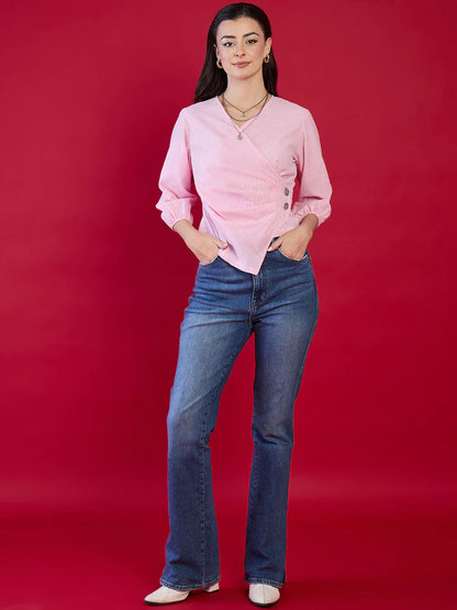 Women’s Pink Stripe Wrap Blouse – Elegant V-Neck Office Top