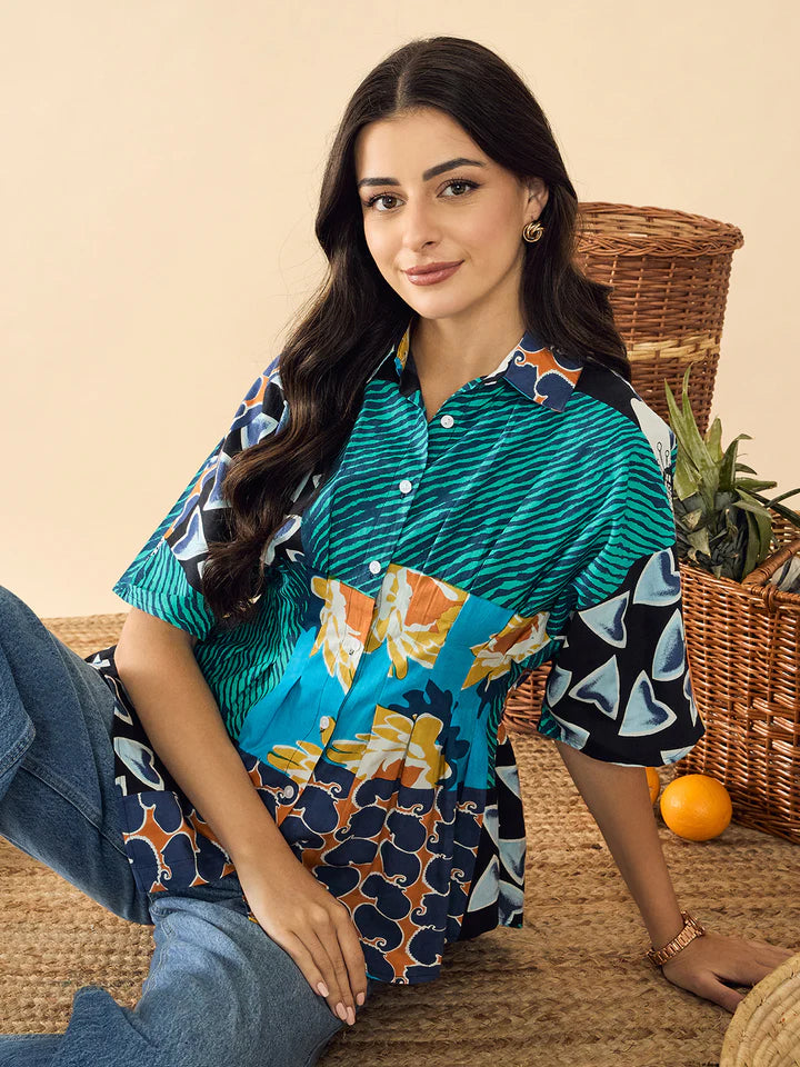 Women’s Blue Striped Peplum Blouse – Elegant Short Sleeve Button-Front Office Shirt