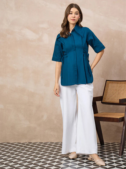 Women’s Teal Tie-Waist Blouse – Elegant Collared Office Top