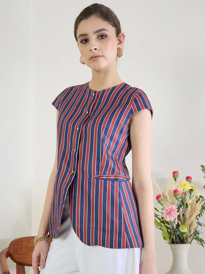 Women’s Vertical Stripe Button Blouse – Elegant Cap Sleeve Office Top