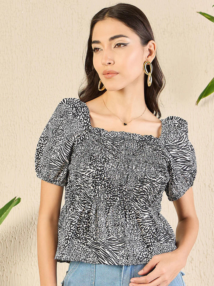 Women’s Animal Print Smocked Peplum Top – Square Neck Puff Sleeve Festival Blouse