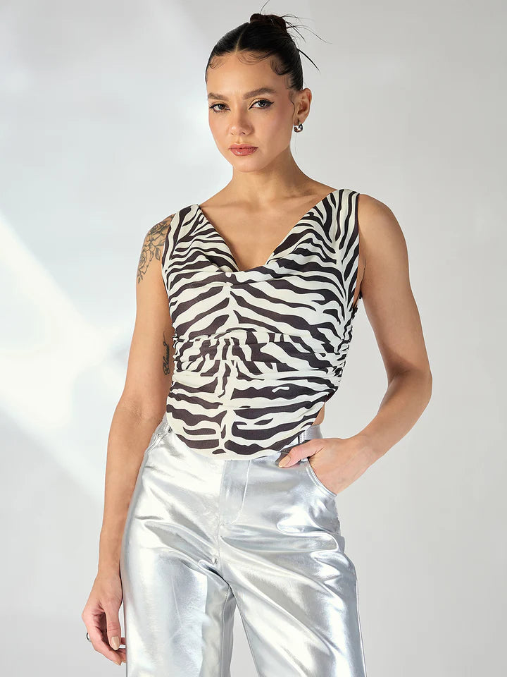 Women’s Zebra Print Sleeveless Cowl Neck Top – Trendy Festival Tank Blouse