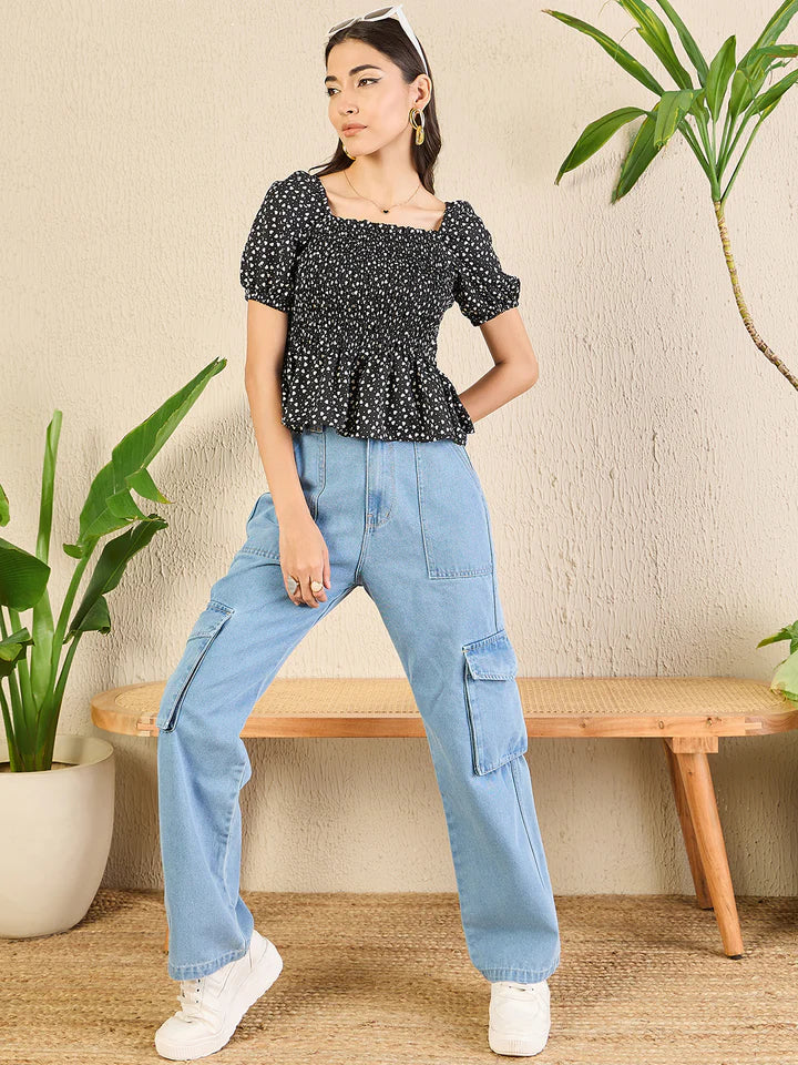 Women’s Black Floral Peplum Top – Square Neck Puff Sleeve Casual Blouse