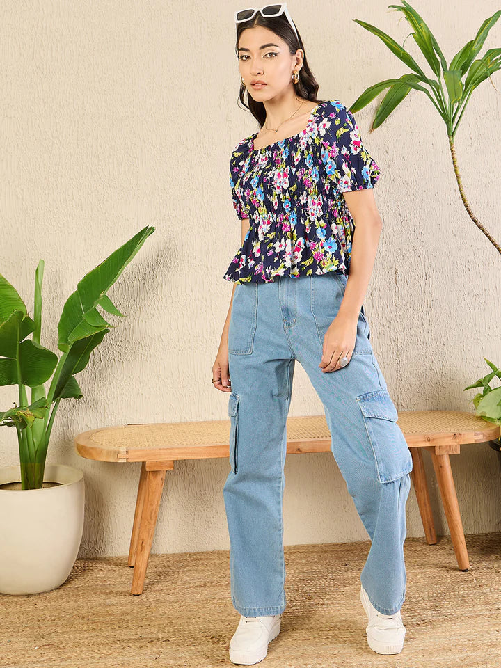Women’s Floral Smocked Peplum Top – Square Neck Puff Sleeve Summer Blouse