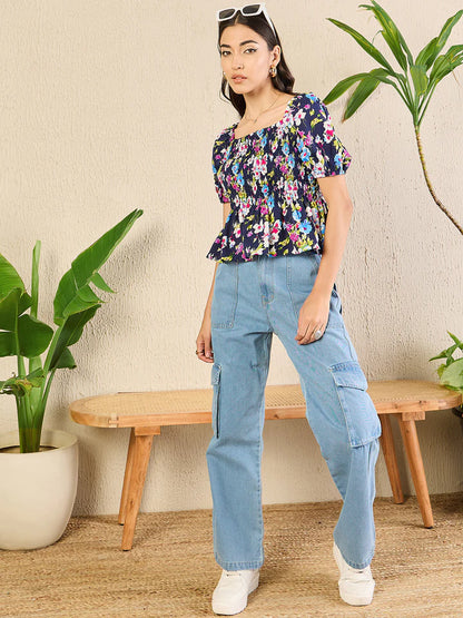 Women’s Floral Smocked Peplum Top – Square Neck Puff Sleeve Summer Blouse