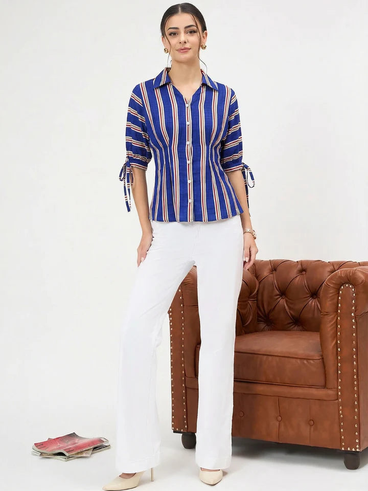 Women’s Blue Vertical Stripe Tie Sleeve Blouse – Elegant Button Front Office Top