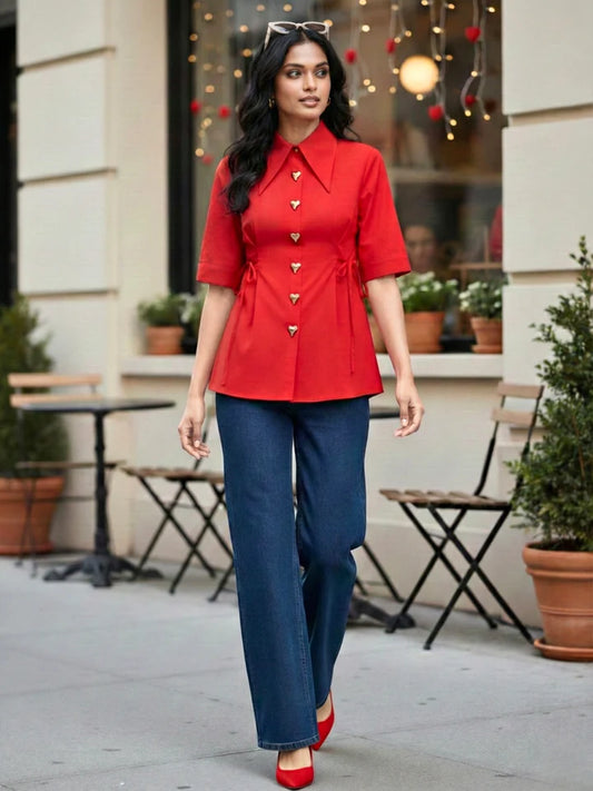 Women’s Red Button-Front Peplum Blouse – Elegant Short Sleeve Tie Waist Office Top